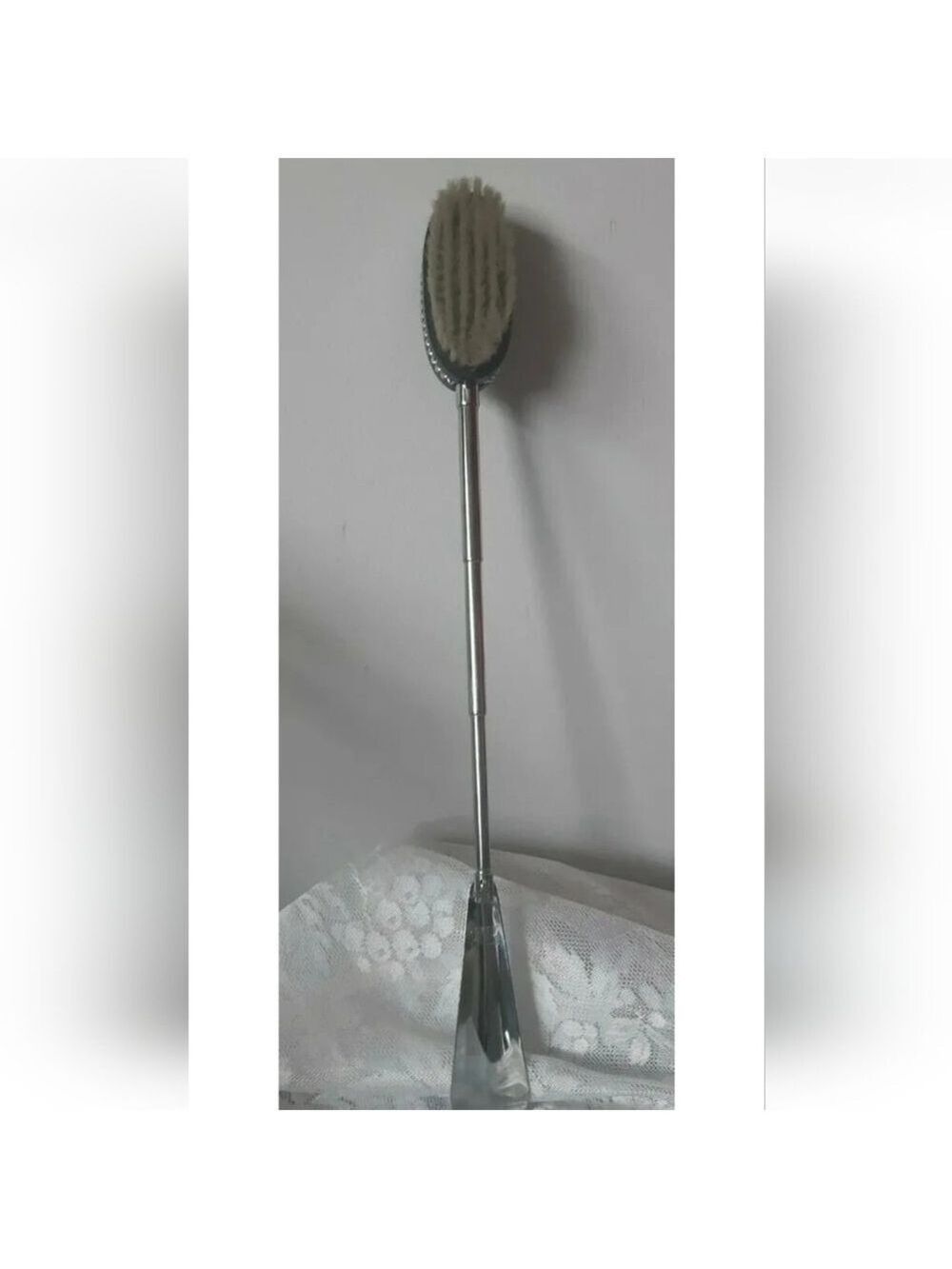 Vintage SWANK TELESCOPIC SHOE HORN polish BRUSH black wood chain link border